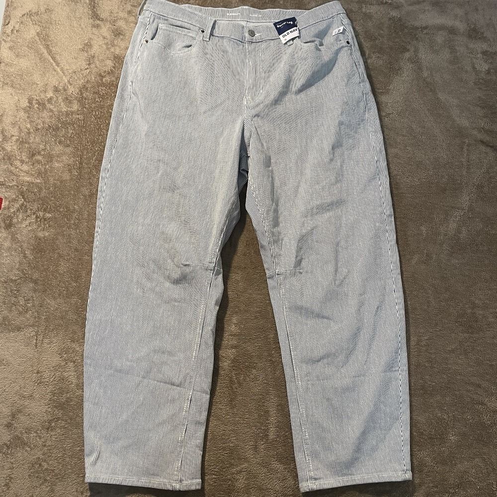 NWT Old Navy Jeans Womens 18 Plus Barrel Leg High Rise White Blue Stripes Pants